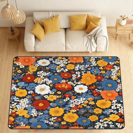 CURLYOOT Colorful Wildflower Area Rugs for Living Room Bedroom  4  10  x 6  8  Washable Rug  Floor Carpet with Non Slip Backing for Dining Room Indoor