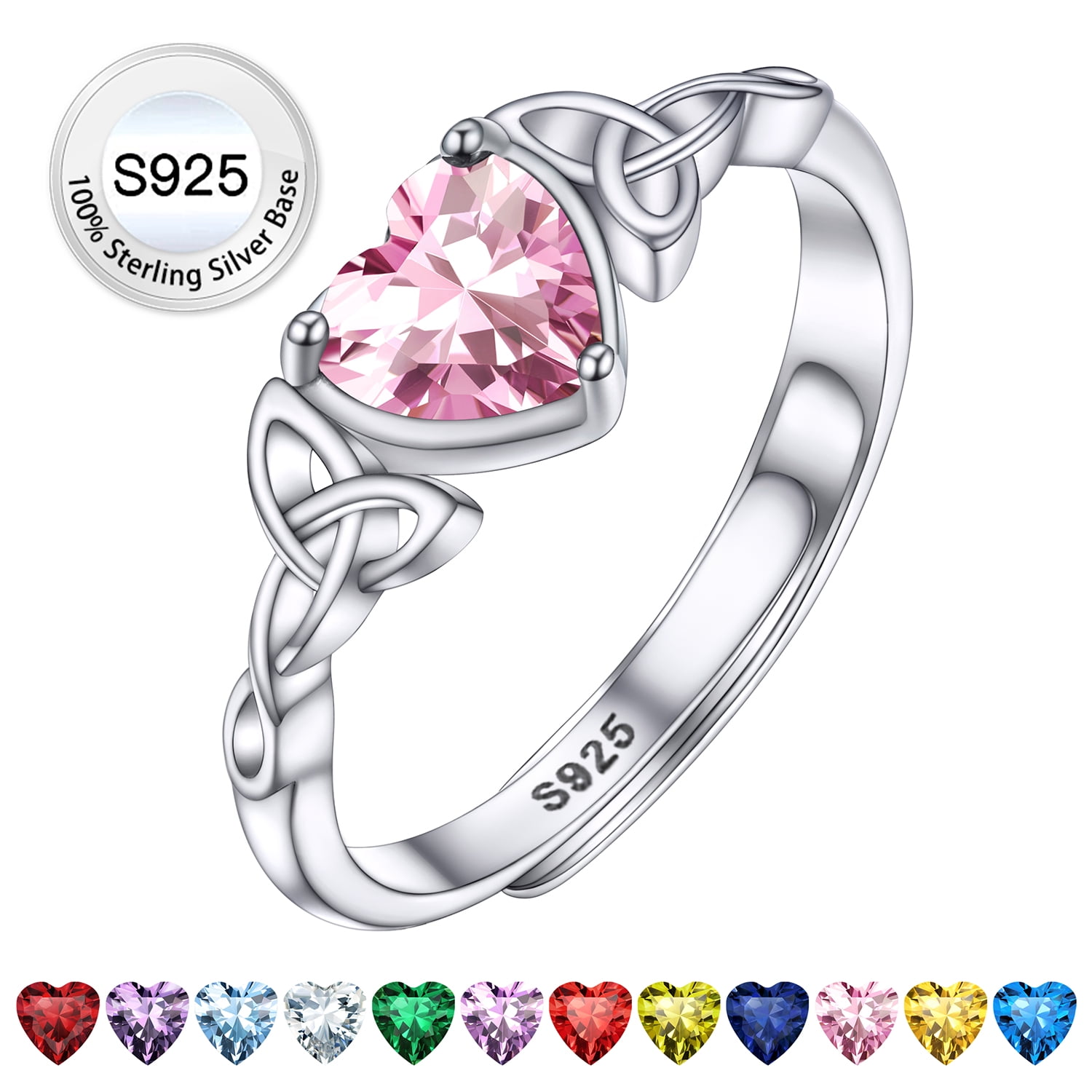Bestyle 925 Sterling Silver Birthstone Ring for Women October Pink Tourmaline Heart Rings for Mom Daughter Wife Christmas Stocking Stuffers