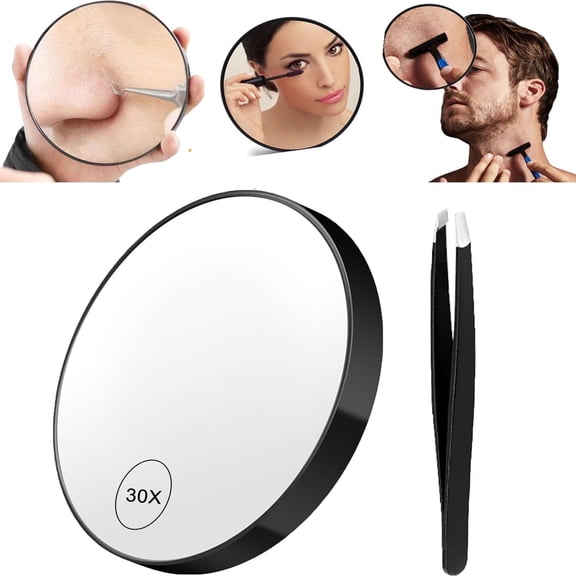 30X Magnifying Mirror, Round Compact Mirror with Suction Cup and Tweezers, Travel Magnifying Mirror Set for Makeup, Eyebrows, Beards, Travel(3.5inchs,Black)