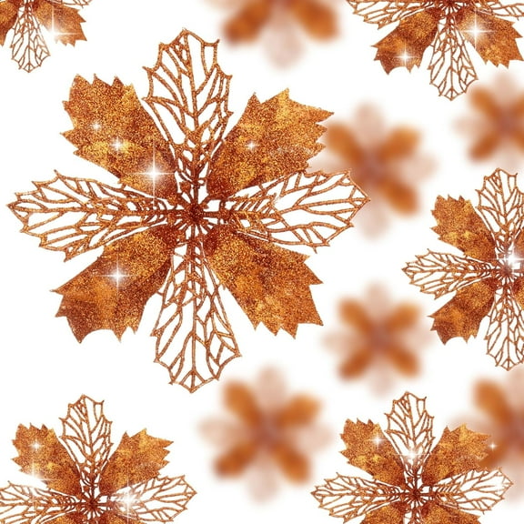 XEAZON 12 Pcs Glitter Artificial Poinsettia Flowers, 5.9 inch Christmas Glitter Flower, Christmas Tree Hollow Flowers Ornaments, Floral Accessories for Wreath Xmas Party Festival Decor (Brown)