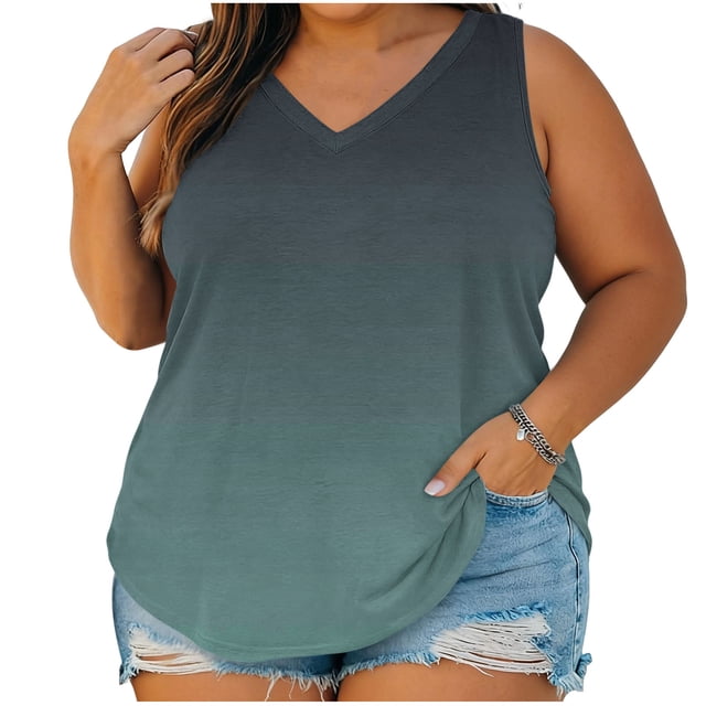 StSilkitty Plus Size Tank Tops for Womens Gradient Color Loose V Neck Blouses Summer Beach Lightweight Soft Shirts