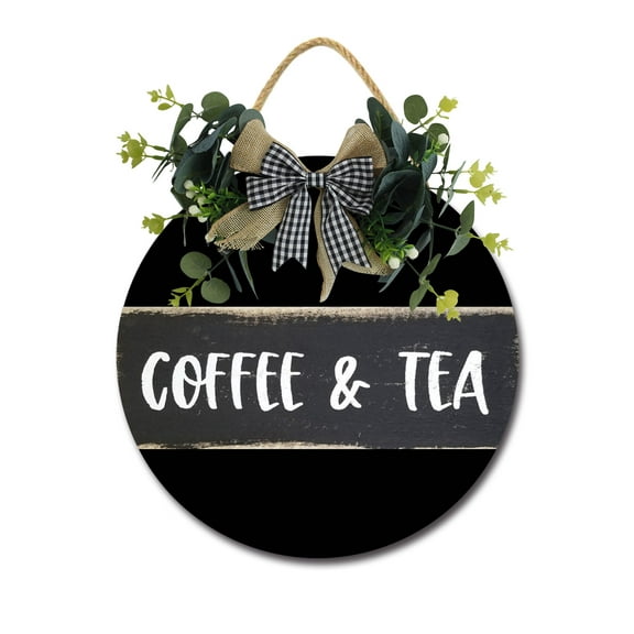 Coffee & Tea Front Door,Horizontal Round Door Wreaths,Housewarming Gift Farmhouse Wood Door Hanger for Home Decor Indoor and Outdoor, Classroom, Yard, Porch Décor