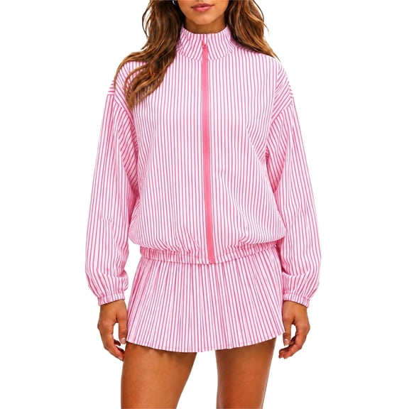 Womens Tennis Jackets Striped 2 Piece Outfits Casual Stand Collar Zip Up Fall Coat & Pleated Mini Skirts Workout Tracksuits M