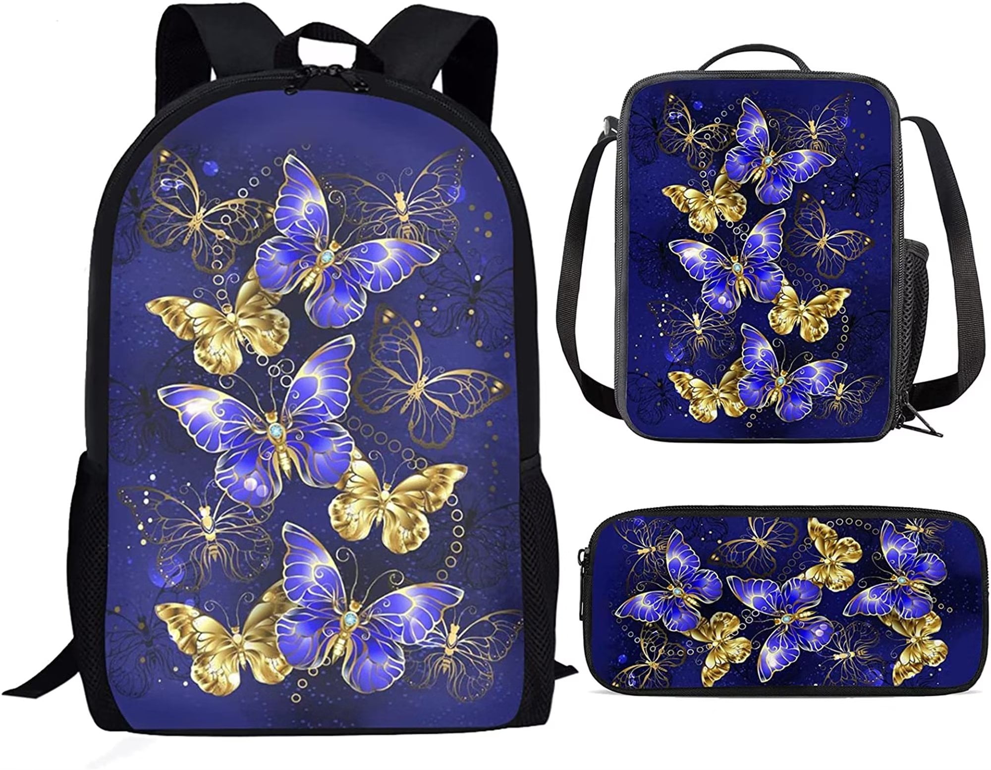 FKELYI Purple Butterfly Bookbags with Lunch Box for Girls Boys 8-12/10-12  Kids School Bag College Middle School Backpack Pencil Case Lunch Bag Bento