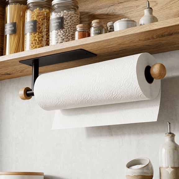 ZIVACATE Paper Towel Holder Under Cabinet Wall Mount Self Adhesive Or Drilling Stainless Steel For Kitchen Bathroom, Black