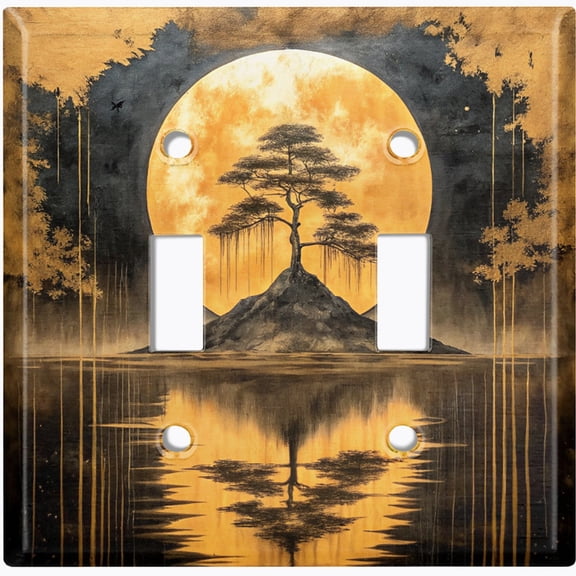 Metal Light Switch Wall Plate Outlet Cover (Printed Image of Japanese Bonsai Tree with Moon - Double Toggle)