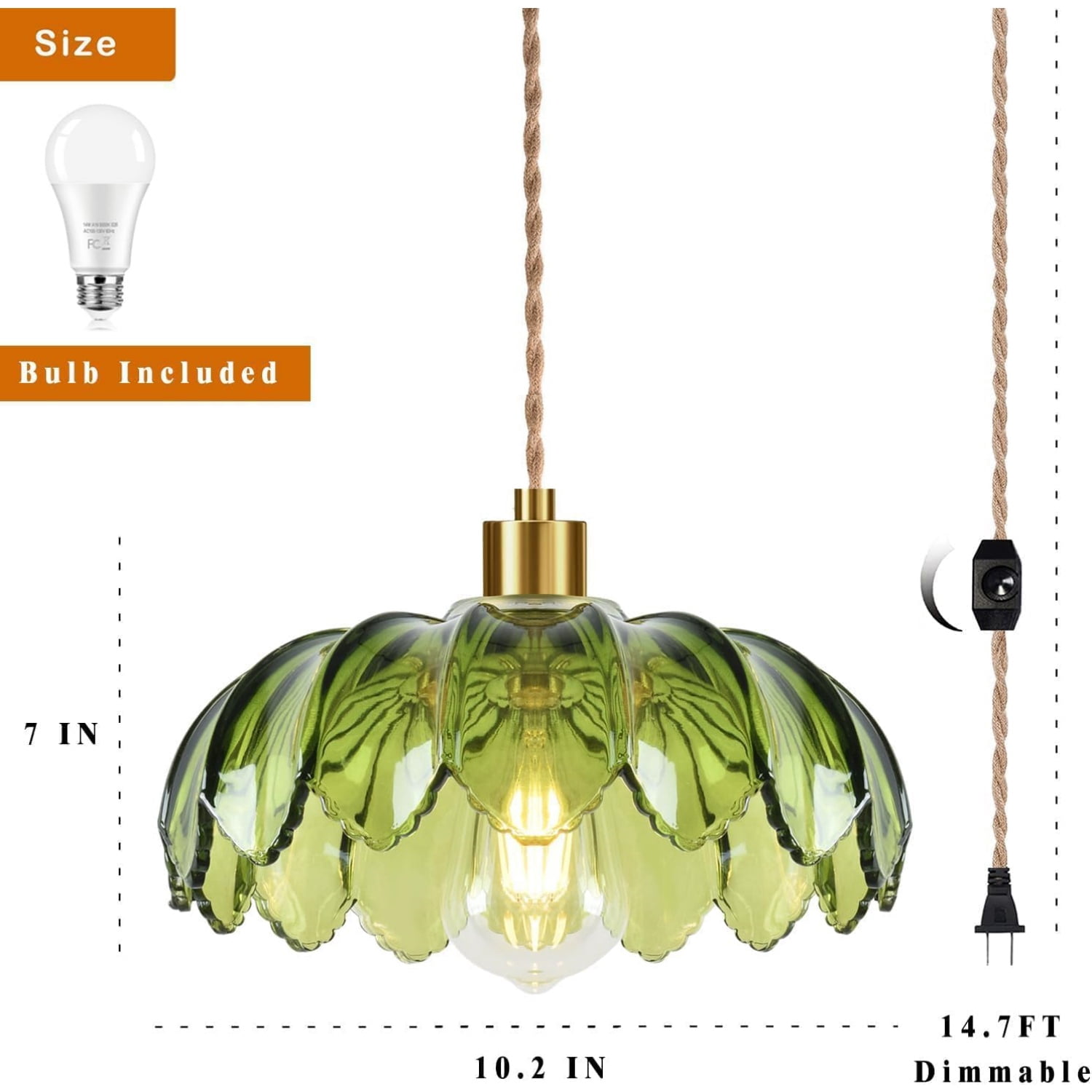 Plug in Pendant Light Hanging Lights with Plug in Cord Boho Hanging Lamp Glass Gold Mid Century Modern Vintage Dimmable Green Flower Plug in Chandelier Ceiling Fixture for Living Room,Kitchen