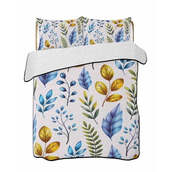 Quilts Queen Size Bedding Set, Watercolor Botanical Reversible Summer Quilt 3 Pieces, Blue Yellow Leaves Floral Plants Spring Lightweight Bedspreads Coverlets with 2 Pillow Shams for All Seasons