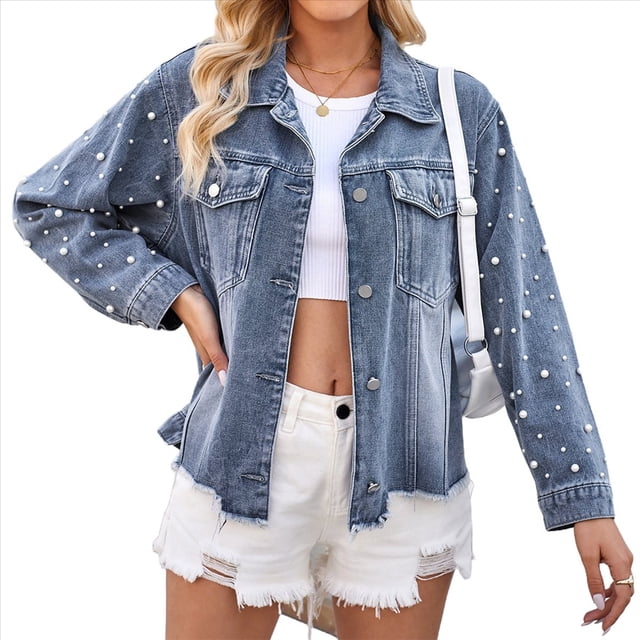 Chaqueta Vaquera Extragrande para Mujer, Abrigo Vaquero con Cuentas Azul XL