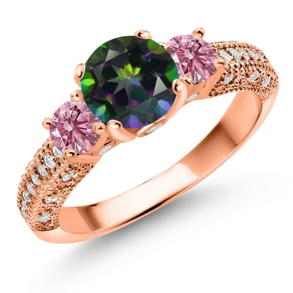 Gem Stone King 18K Rose Gold Plated Silver Green Mystic Topaz Pink Lab Grown Diamond and White Moissanite Engagement Ring for Women (1.88 Cttw, Gemstone, Round 7MM and 4MM, Size 9)