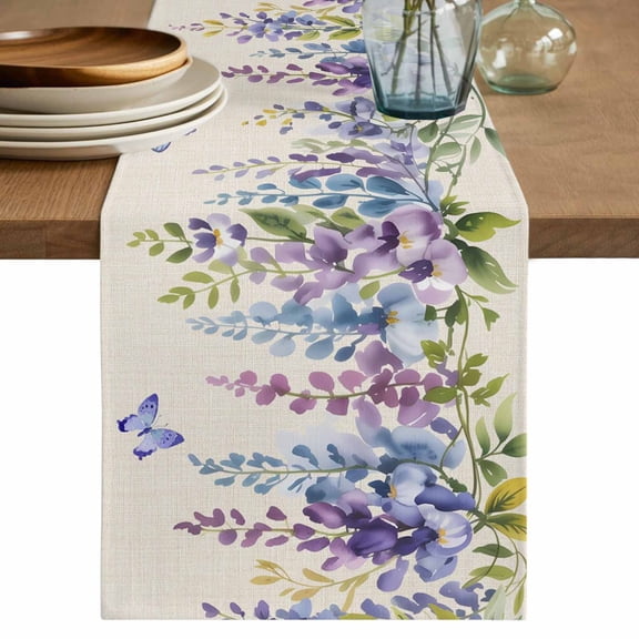 Table Runner 70 Inches Long for Kitchen Dining, Purple Spring Floral Dresser Scarf Farmhouse, Dining Table Decorations for Wedding/Parties, Butterfly Weeping Watercolor Botanical 13 x 70 In