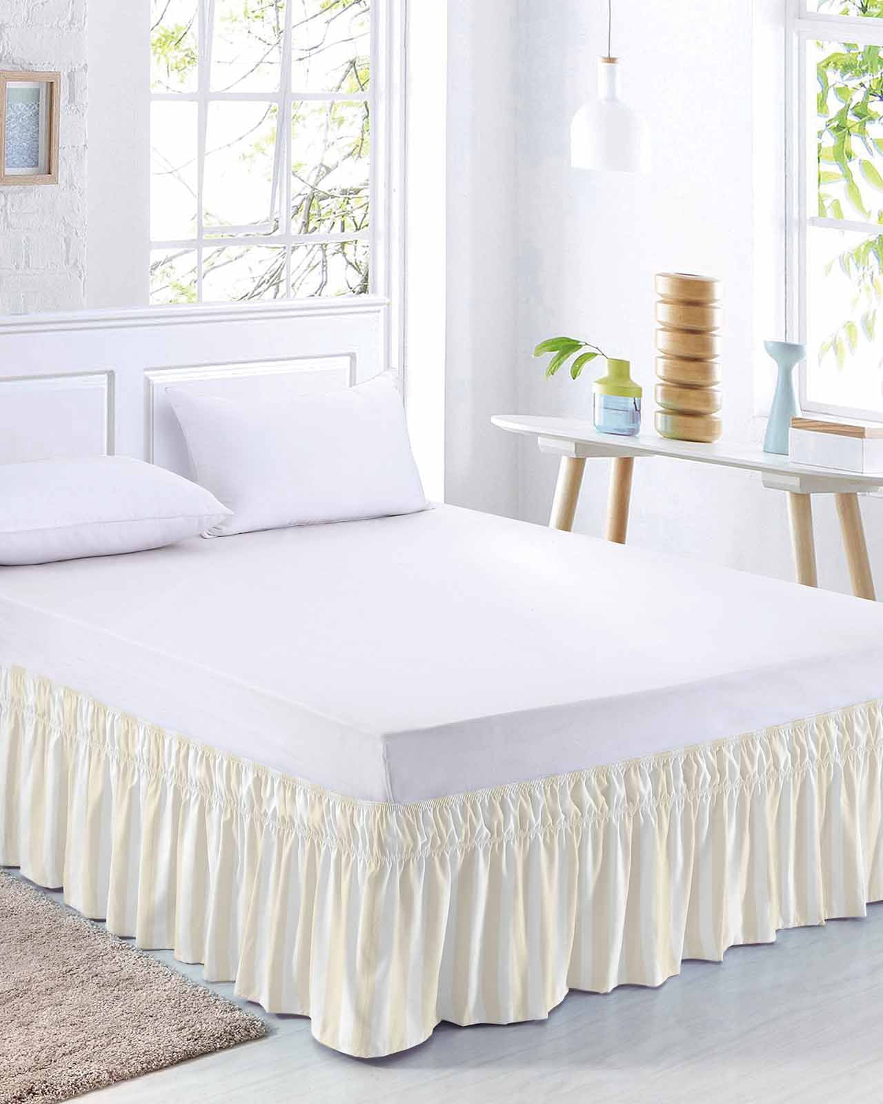 Cream Striped Bed Skirt Queen Size, Modern Farmhouse Cream White Stripes Wrap Around Bed Skirting with Adjustable Elastic Strap, Dust Ruffle Pleated Bedskirts 18 Inch Drop for Bedroom Queen Beds