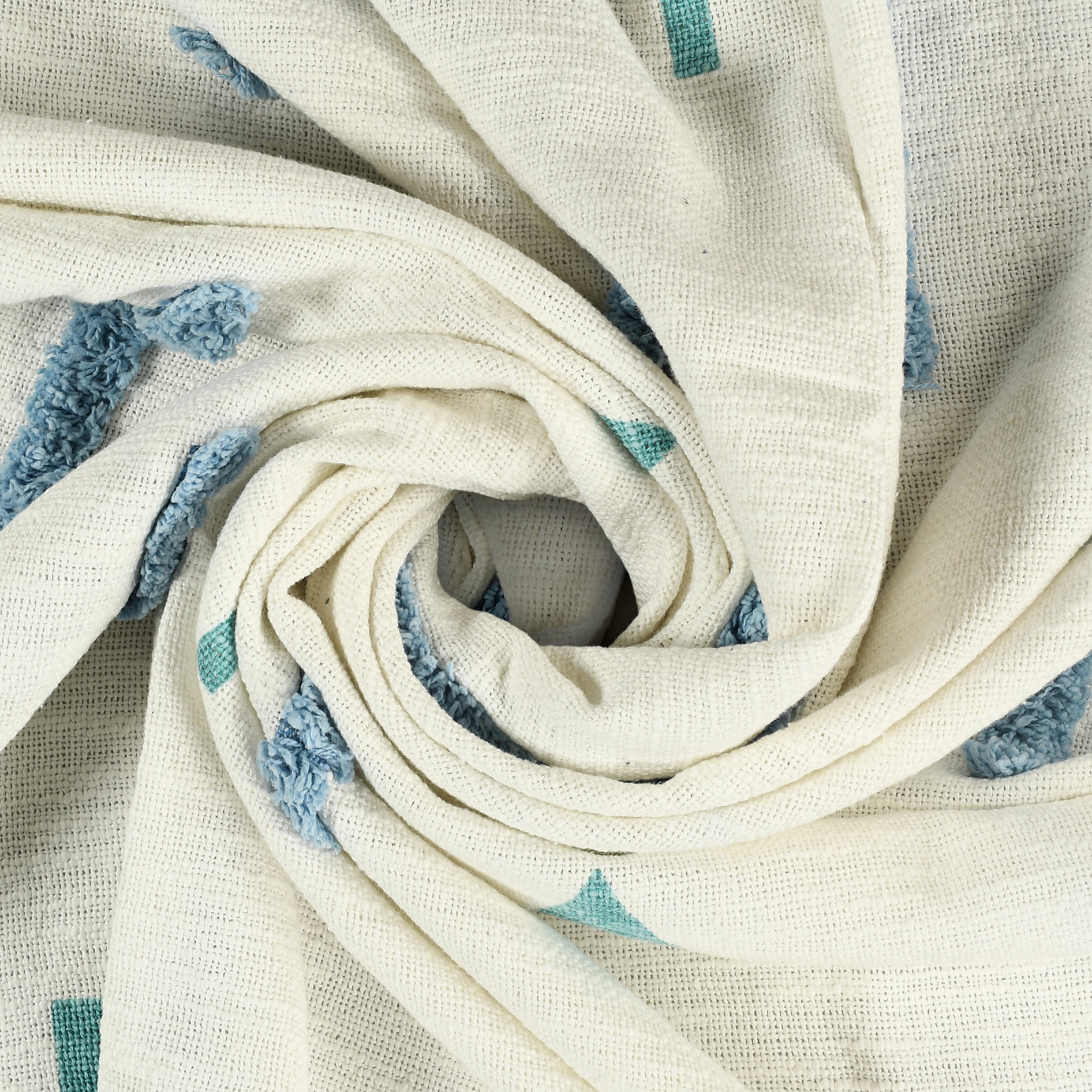 LR Home Cream/Blue Embroidered Geometric Adult Cotton Throw Blanket, 50" x 60"