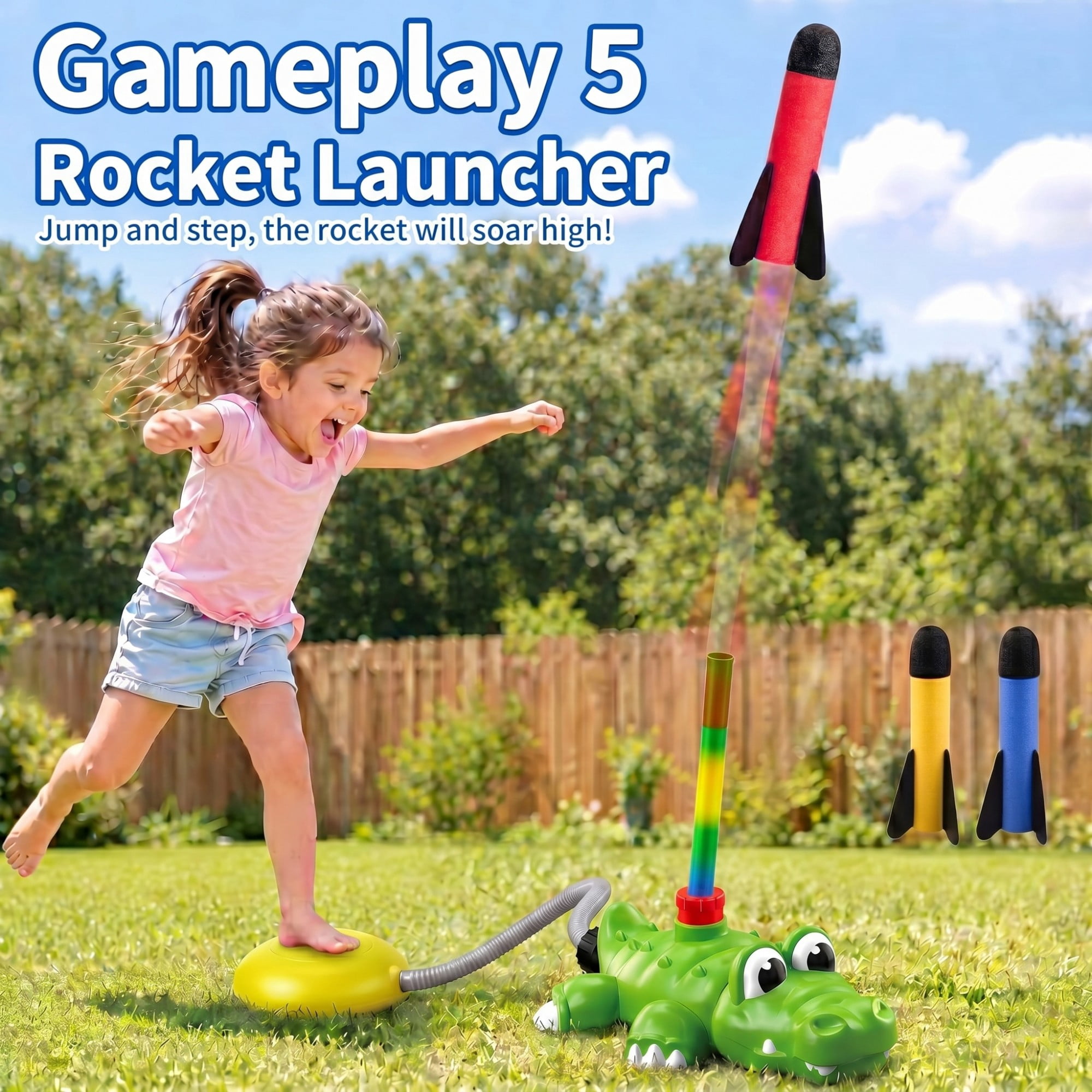 CQHVKQ 2-in-1 Kids Water Sprinklers & Rocket Launch Game Toy, Crocodile Rocket Launcher Sprinkler for Backyard, Outside Yard Water Toys for Boys Girls, Summer Toddlers Outdoor Toys for Kids Ages 4-8