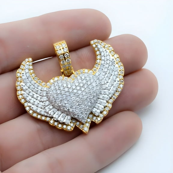 Ramji Jewels 2Ct White Moissanite Round Cut Natural Flying Heart With Wing Pendant 14K Yellow Gold Plated