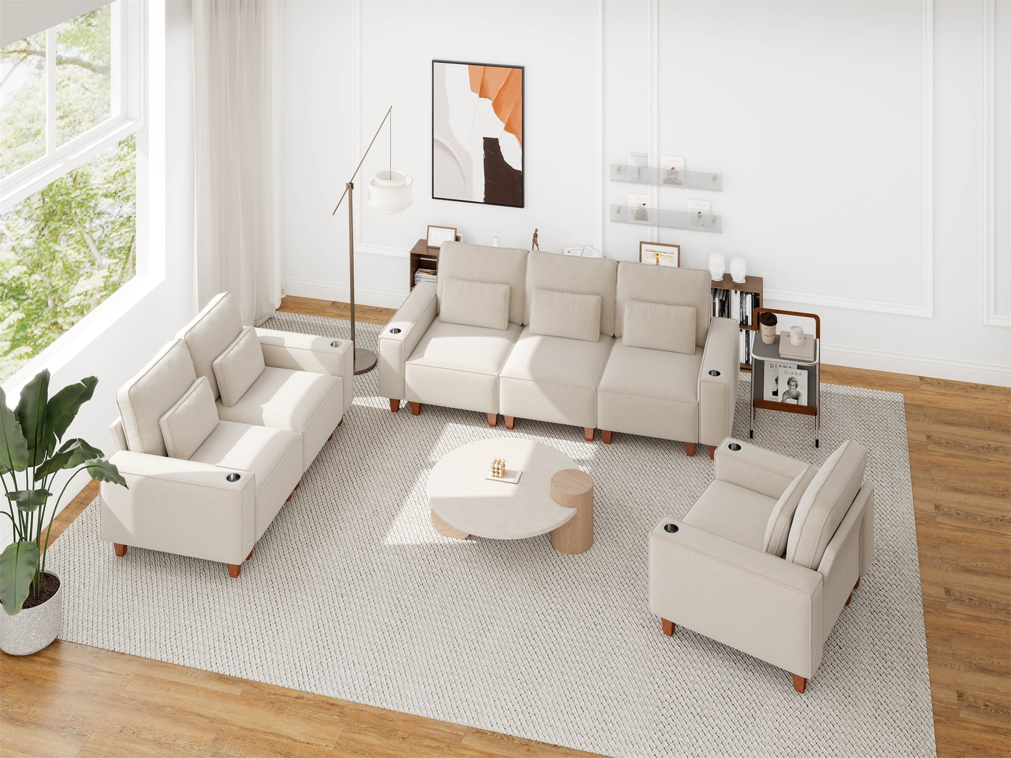 Aukfa 3 Piece Sofa Set - 99" Oversized 3 Seat Couch with Cup Holders&Pillows, Chenille, Beige
