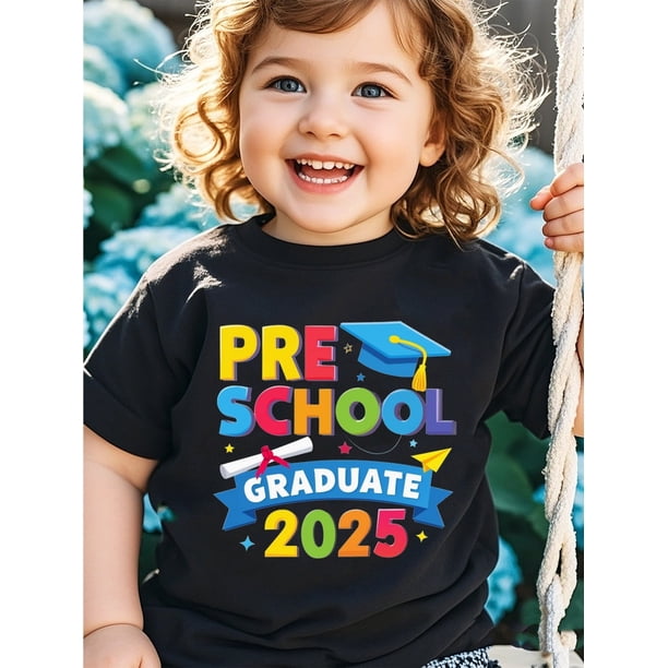 Pre-School Graduate 2025 Celebration T-Shirt for Girls - Colorful Design, 100% Cotton, Casual Crew Neck, Short Sleeve, All-Season Knit Top | Breathable & Machine Washable | Everyday Kids' Clothin