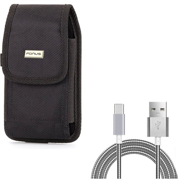 Rugged Canvas Carry Case Belt Holster w Metal Braided Type-C USB Cable Charging Power Sync Wire Data Cord USB-C M5L for LG V50 ThinQ 5G, V40 ThinQ, V35 ThinQ, G7 ThinQ, Stylo 4 Plus