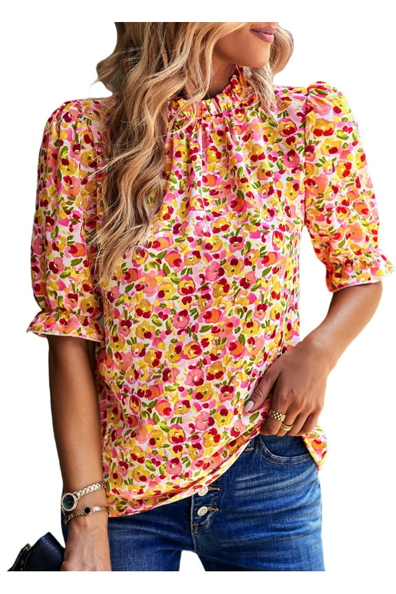 Women's Summer Boho Shirt Top Ruffle Short Sleeve Frill Trim Mock Neck Floral Solid Casual Blouses Shirts Tops