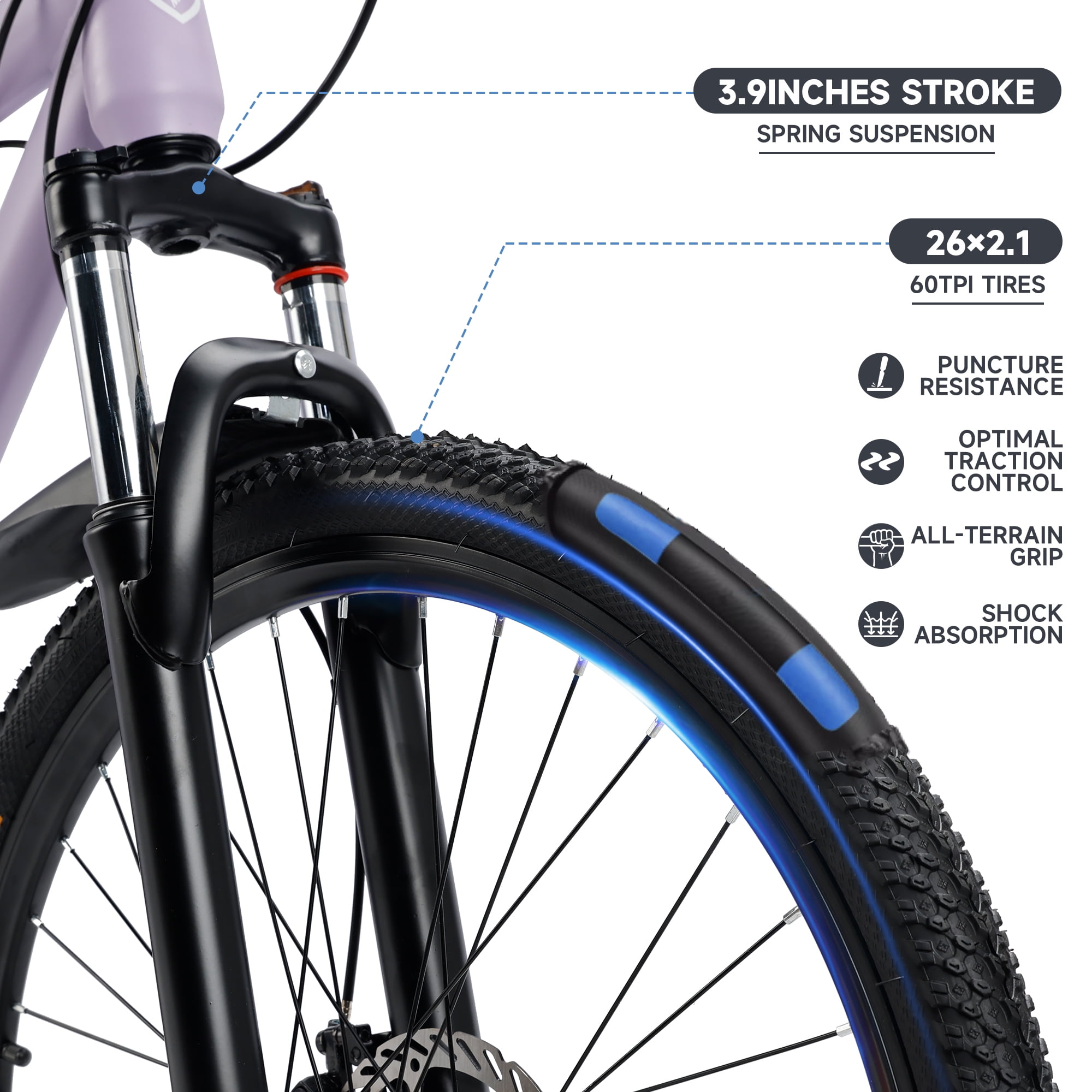 26/27.5 inch Mountain Hardtail Mountain Bike for Men/Women, 27 Speed Twist Shifting, Front Suspension, Comfort Saddle, Purple/Black/White