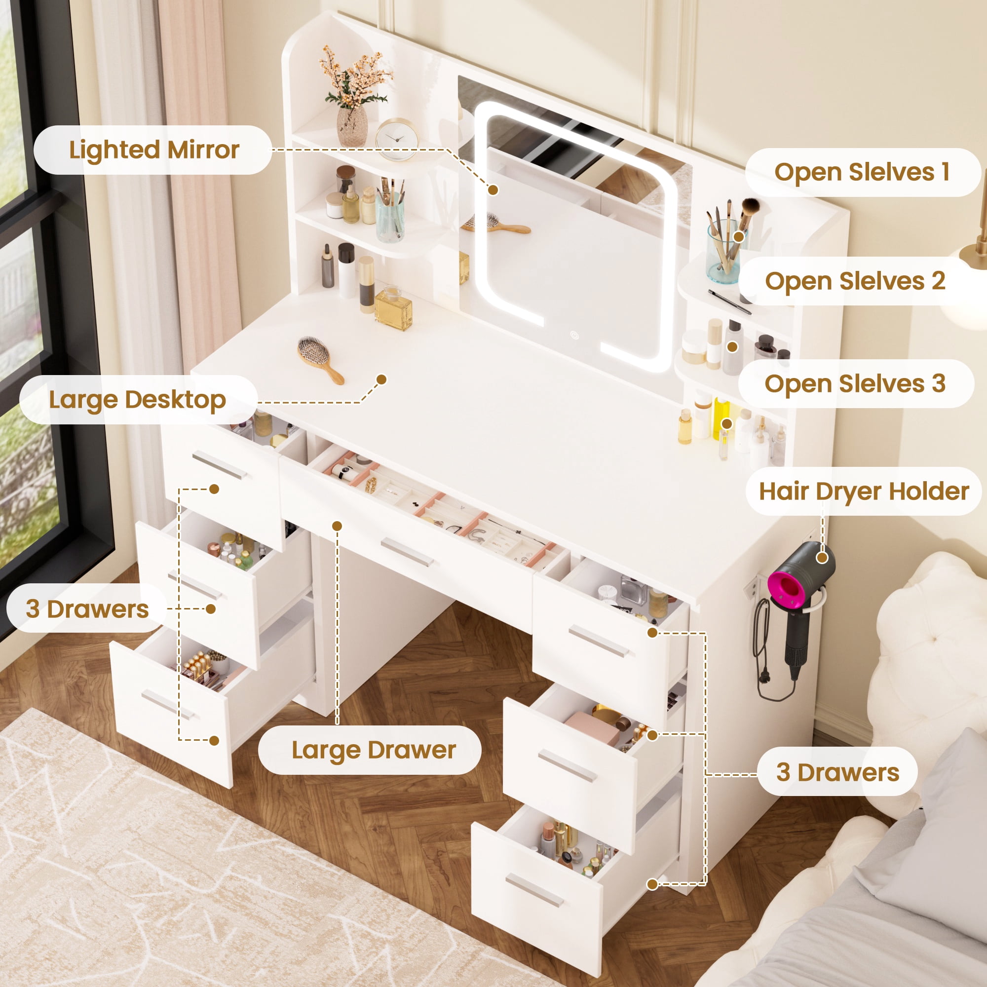 LIVELYGLOW Vanity Desk with Smart LED Lighted Mirror, Built-in Power Outlet, Large Storage Drawer, Modern Minimalist Makeup Dressing Table for Bedroom,White