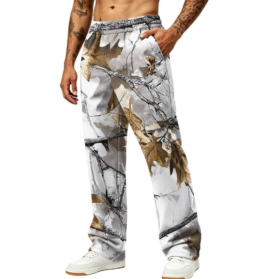 Havenx Camo Pants for Men Wide Leg Dry Leaf Print Elastic Waist Sweatpants with Pockets Open Bottom Camouflage Bottoms Workout Athletic Jogger Soft Lounge Clothes,Light Gray M