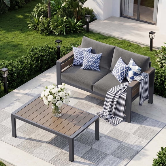 ABORON Patio Furniture Set, Patio Conversation Sets Sectional Sofa with 27" Deep Seating, 2-Seater Outdoor Patio Furniture Set w/ Coffee Table and All-Weather Thick Cushion, Easy Assembly