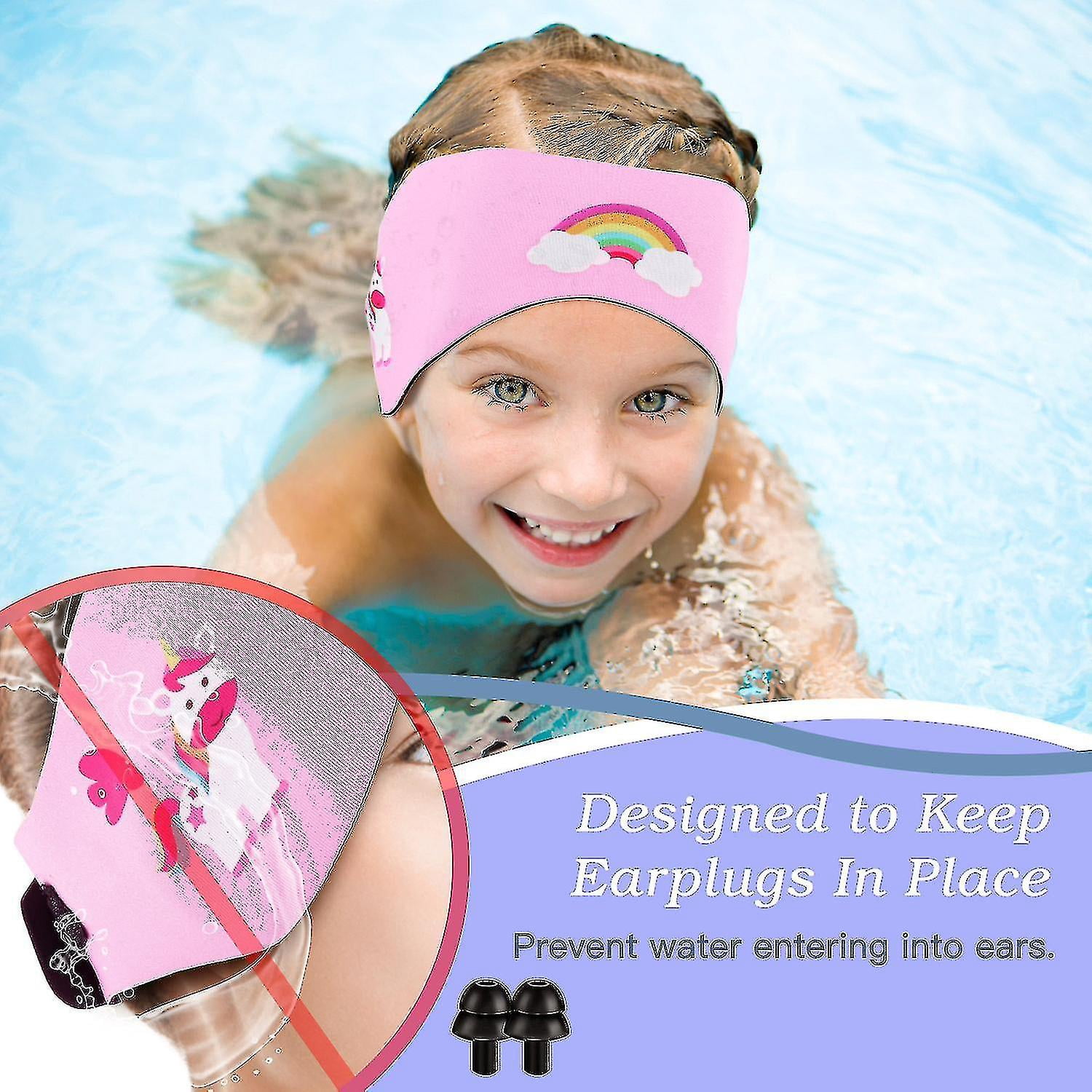 Bandeau Natation Néoprène Enfant - Protection Oreilles Étanche - Réglable 48-51cm - Motifs Colorés