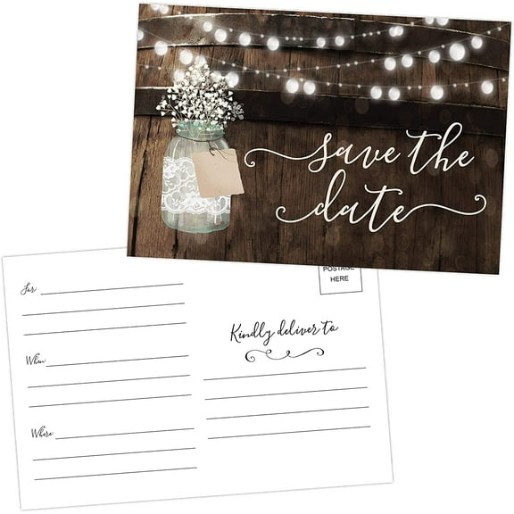 50 Rustic Mason Jar Save The Date Cards for Wedding, Engagement, Anniversary, Baby Shower, Birthday Party, Wood Save The Dates Postcard Invitations