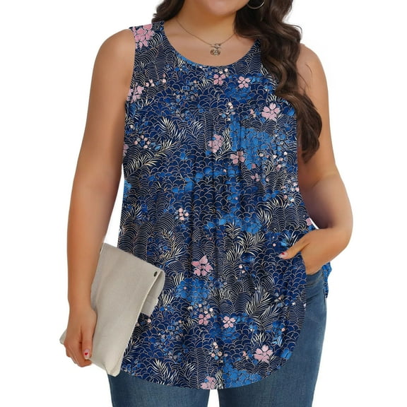 HOMBOM Summer Tops for Women 2025 Plus Size Navy Floral Vintage Casual Sleeveless Crew Neck Pleated Blouse