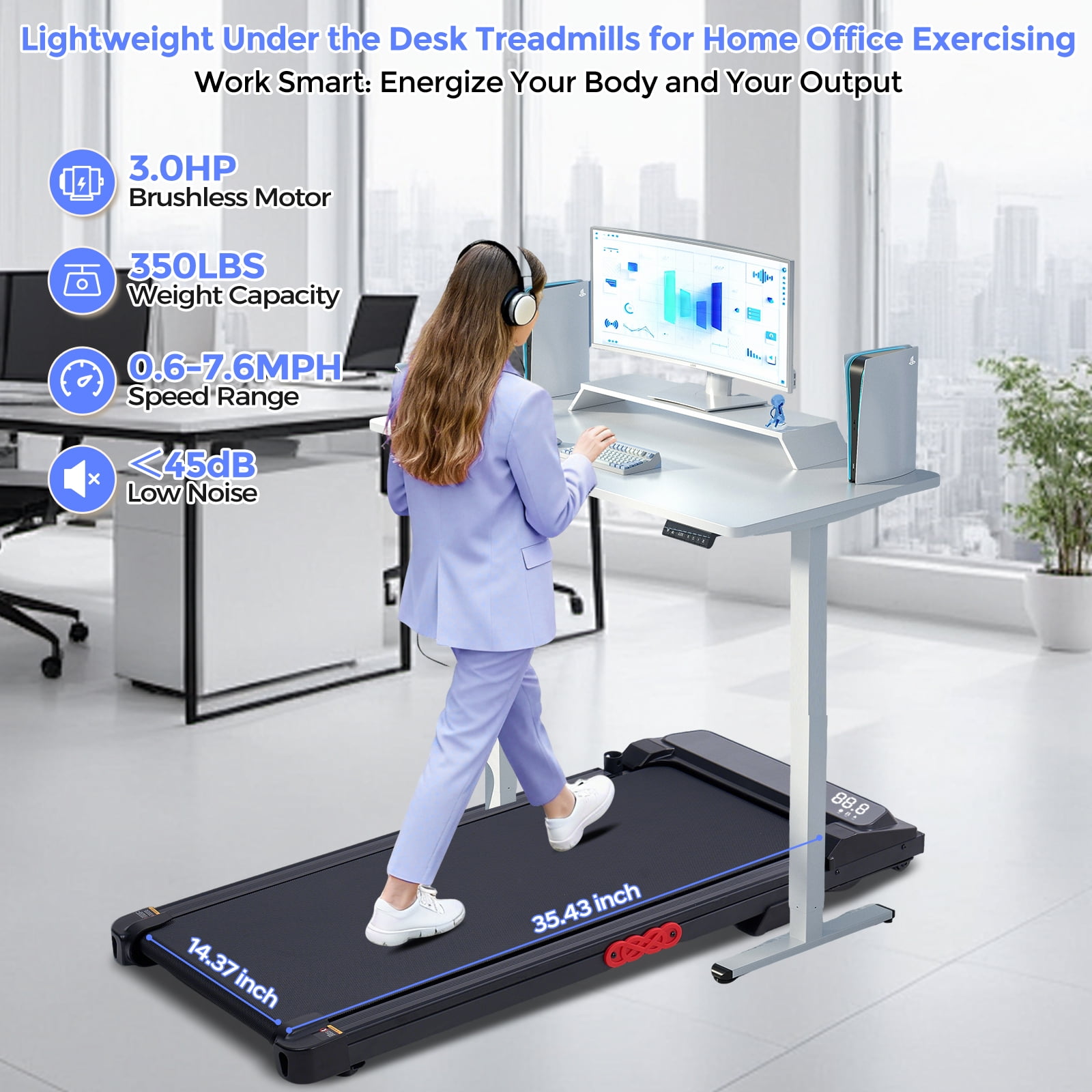 HevGlrm Walking Pad Treadmills with Incline and Handles, Portable Under Desk Treadmills for Home Office, Compact Electric Treadmill with Handle Bar,3.0HP, 350lbs