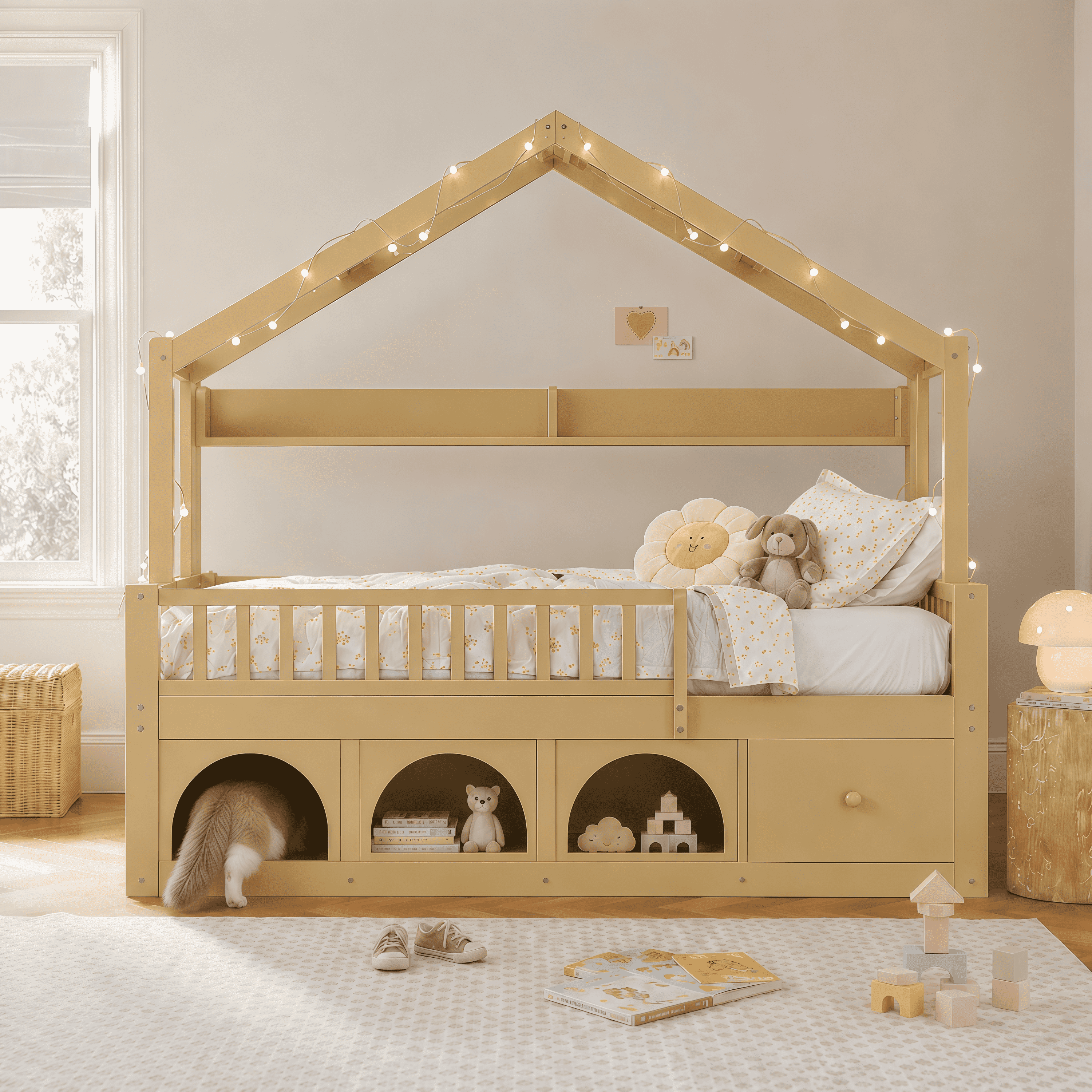 Euroco Wood Full Size Platform Bed with Drawers and Cabinets, House Bed with LED Light and Bookshelf, Natural
