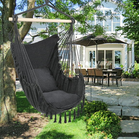 Oversized Hammock Chair Swing, Tassel Hanging Rope Net Chair with Two Pillows, Outdoor Porch Patio Yard Seat