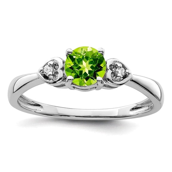 925 Sterling Silver Polished Rhodium Plated Diamond and Peridot Round Ring Size 9 2mm Wide Ring for Women