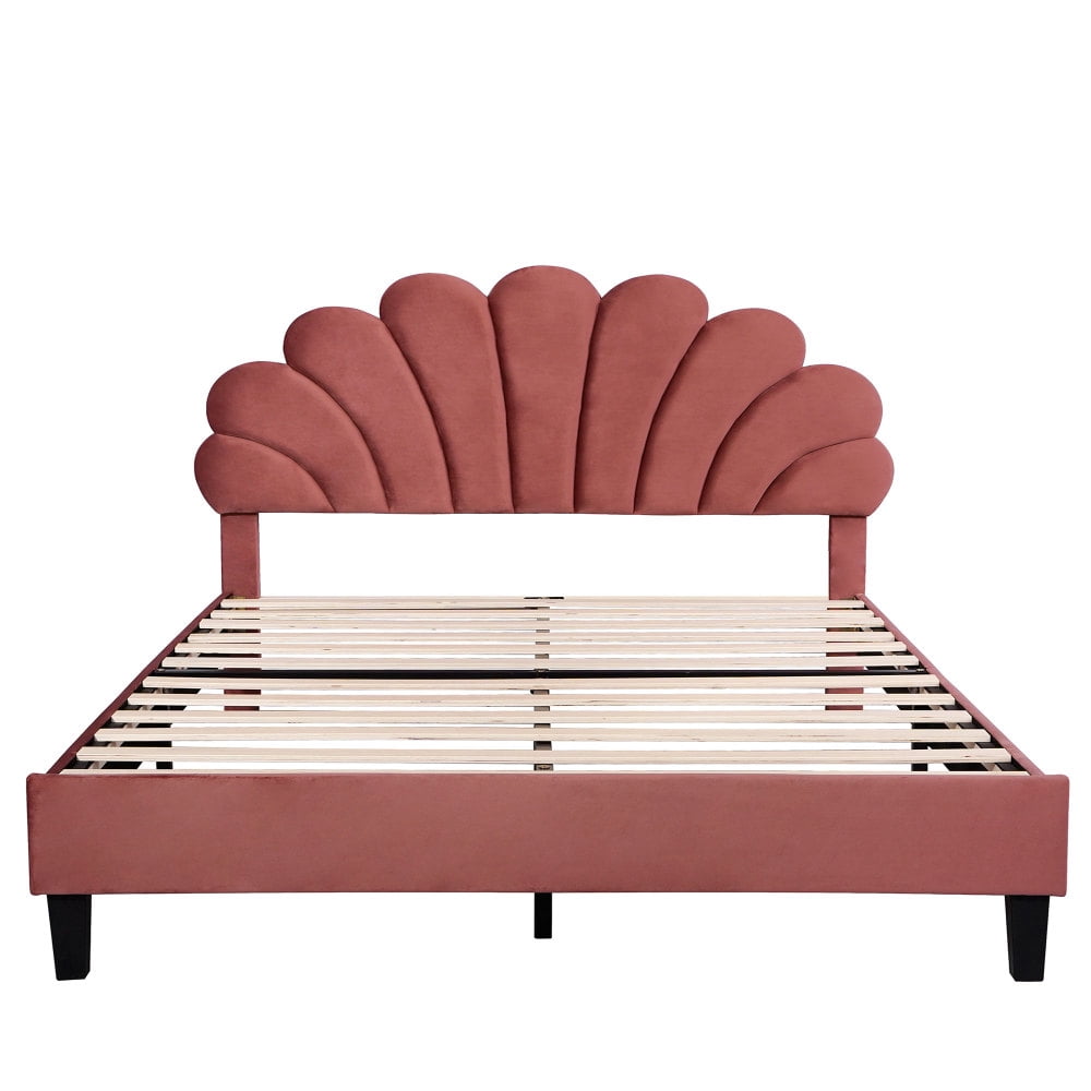Queen Size Upholstered Platform Bed with Flower Headboard,Velvet Bed Frame for Kids Boys Girls,Bean Paste Red