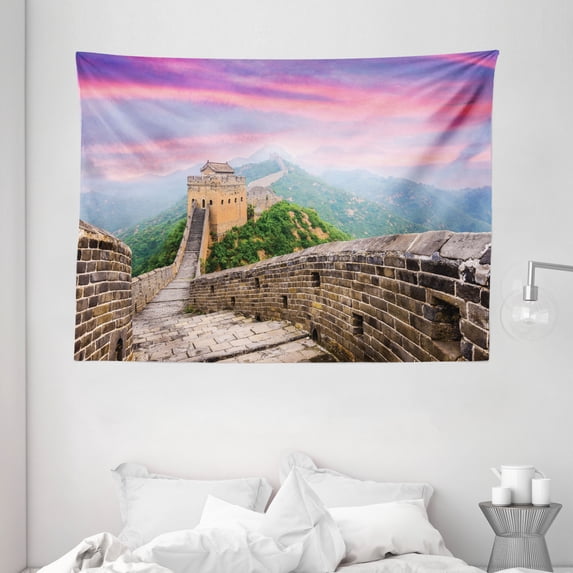Great Wall of China Tapestry, Fantasy Sky on Cultural Architecture Section Surrounded by Grassland Print, Wall Hanging for Bedroom Living Room Dorm Decor, 80W X 60L Inches, Multi, by Ambesonne