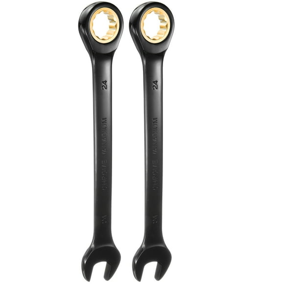 Uxcell 2Pcs Ratcheting Wrench 24mm Metric Open End Wrench 72-Teeth CR-V Steel 12 Point Nickel Plated Combination Ratchet Wrench