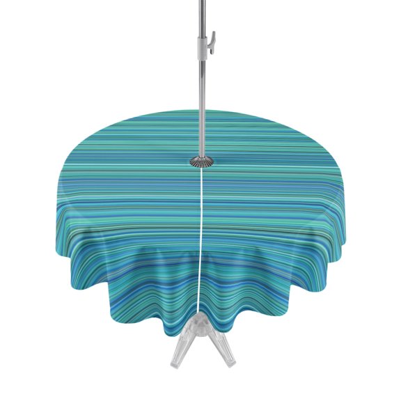 Outdoor Tablecloth with Umbrella Hole Zipper Teal Blue Striped Round Tablecloth 60" Waterproof Outside Table Cloth Thin Line Geometric Patio Table Cover Tablecloths for Picnic Party