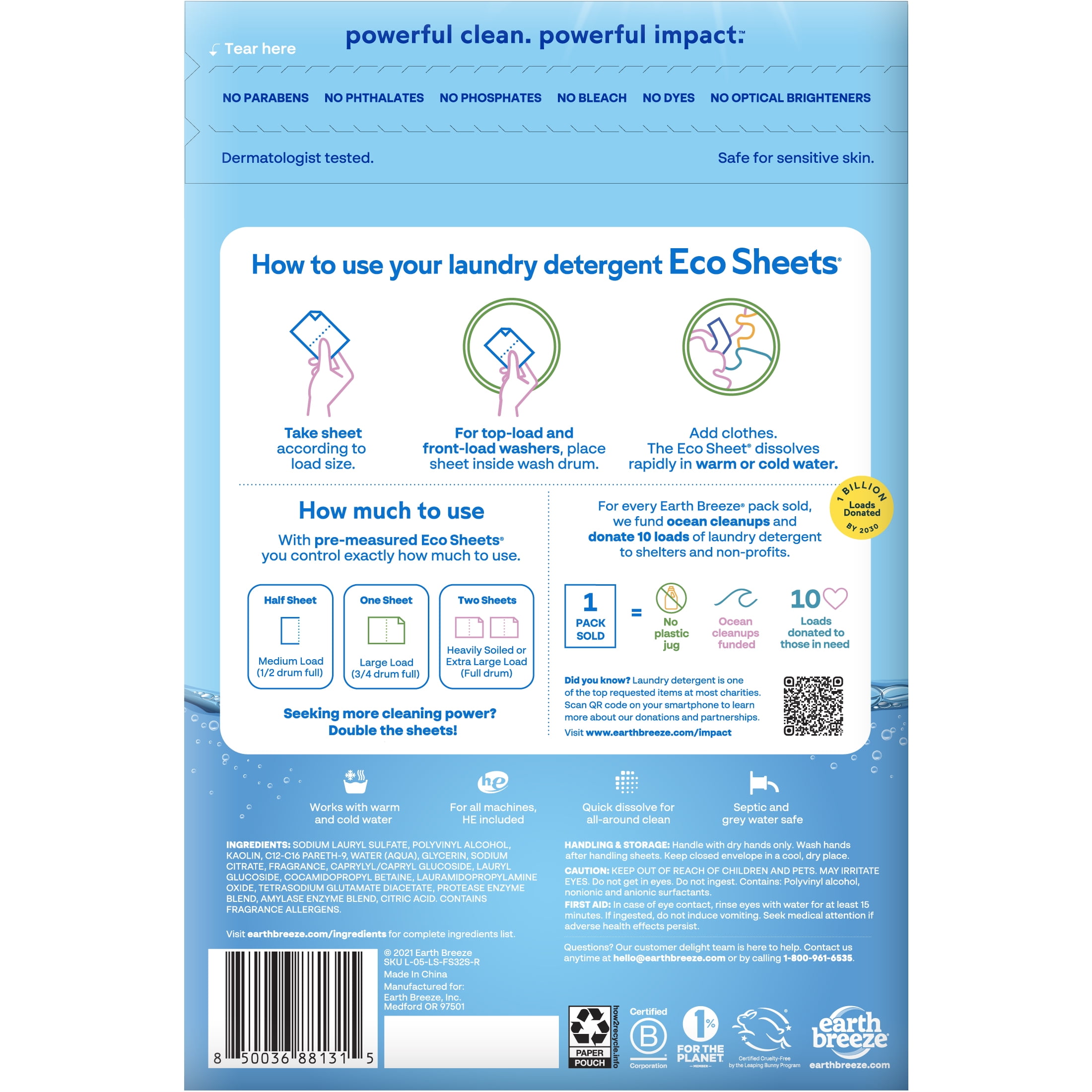 Earth Breeze Laundry Detergent Sheets, Fresh Scent Eco Sheets, 32 Count, 64 Loads