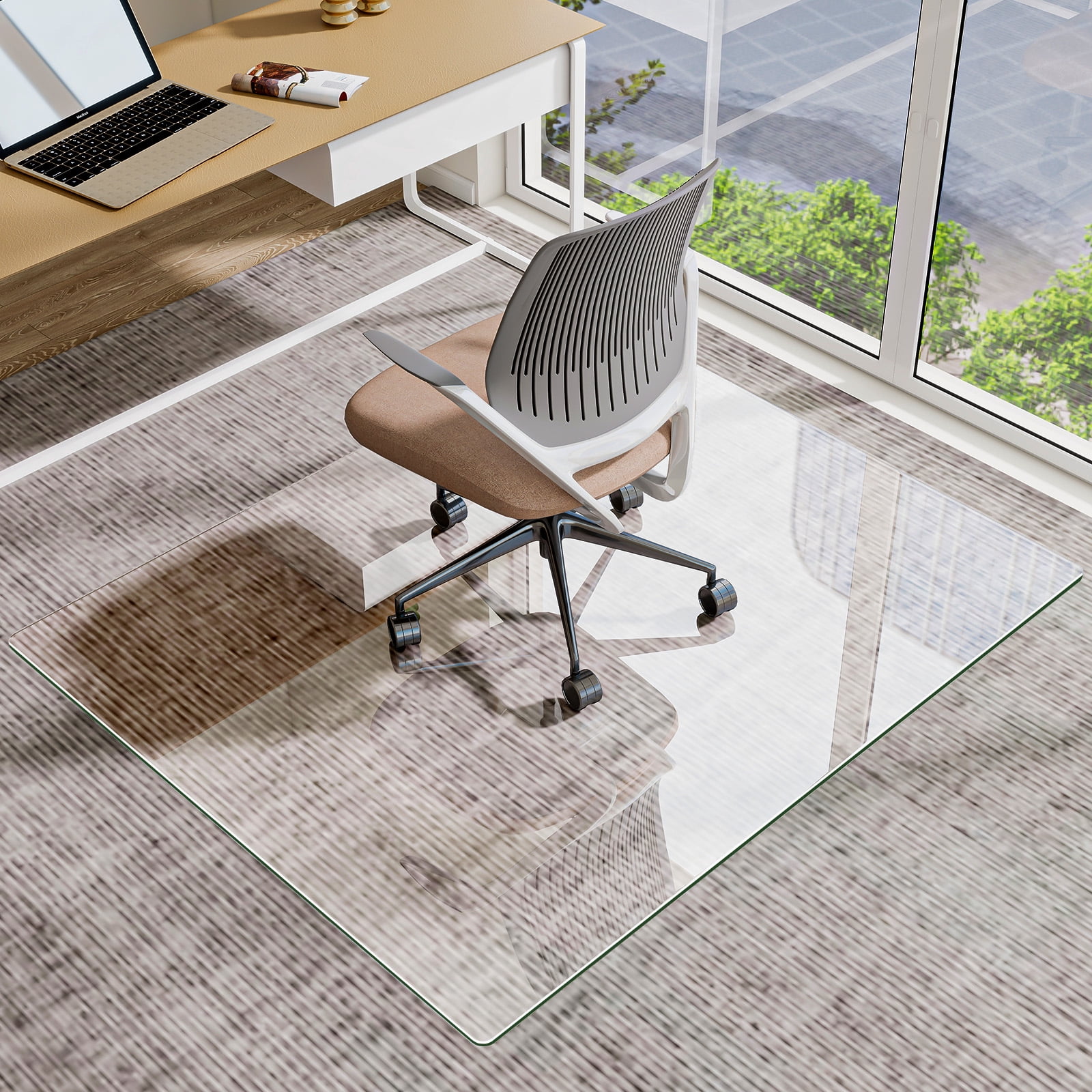 Veliso 55"x 46" Tempered Glass Mat Rectangluar Chair Mat for Hard Floors Heavy-Duty Office Floor Protector, Clear