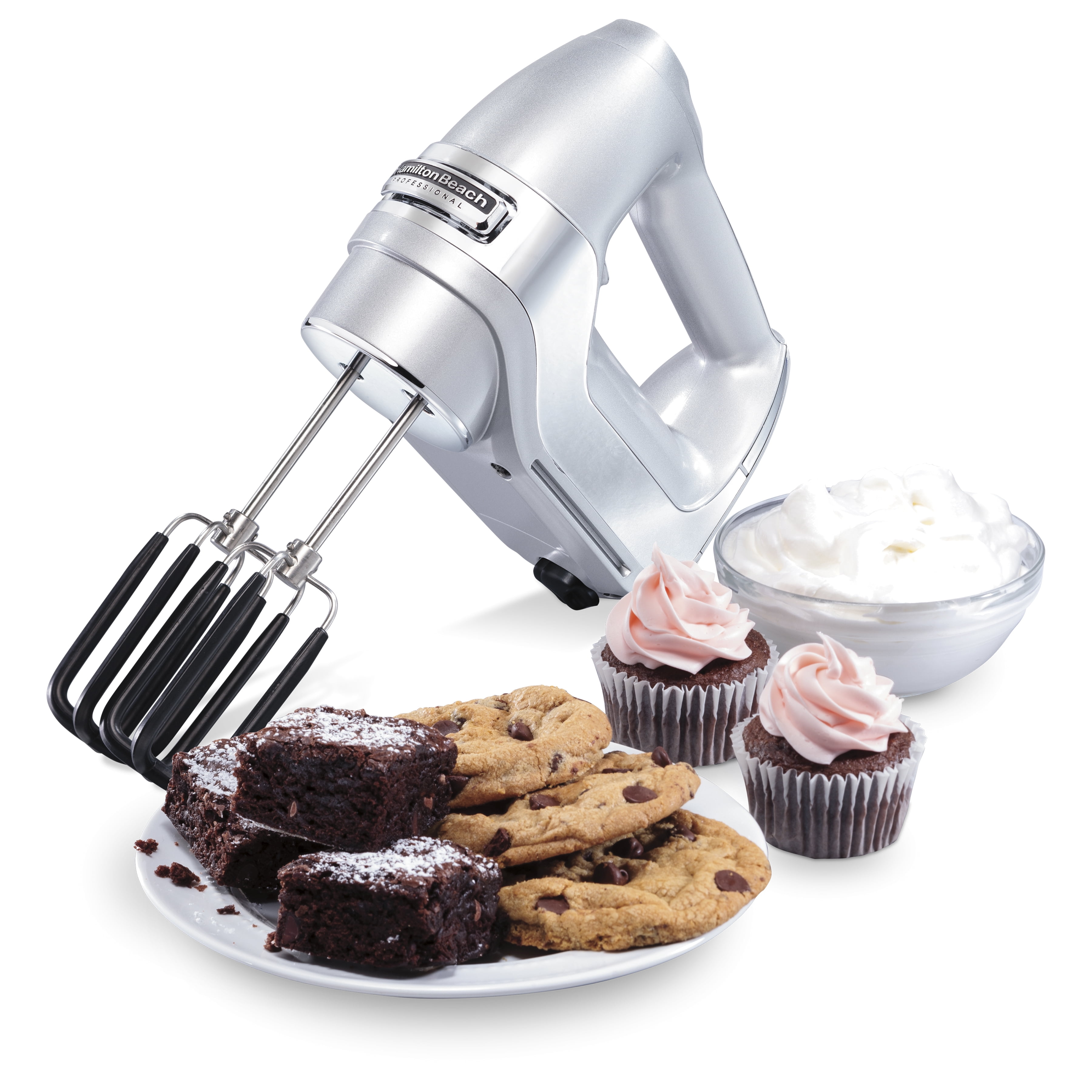 Hamilton Beach Professional The Hamilton Beach Professional 7 Speed Hand  Mixer has a speed for every recipe, a slow start to prevent splatters and a  QuickBurst at every level. It includes stainless