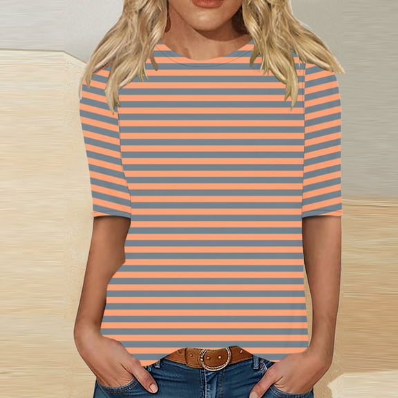 Fengqque Womens Striped Print Crew Neck 3/4 Sleeve Loose Waist-cinching Tops Basic Button T-Shirts Pullover Orange XL(XL)