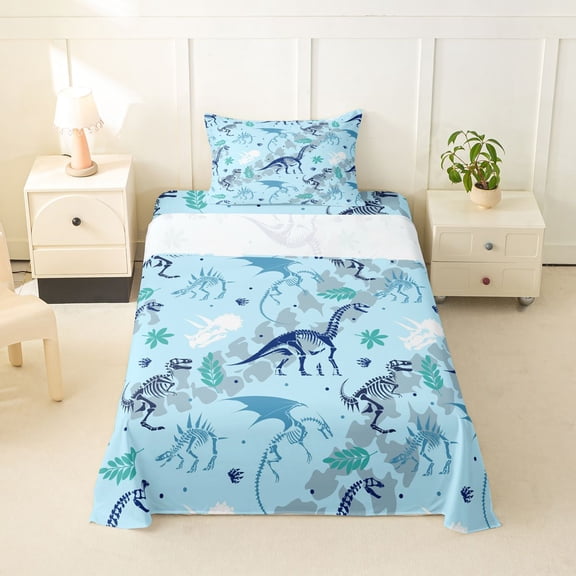 Feelyou Pale Dino Skeleton Twin Sheet Sets for Kids, Cartoon Wildlife Fossil Bedding, Blue, 3 Pieces