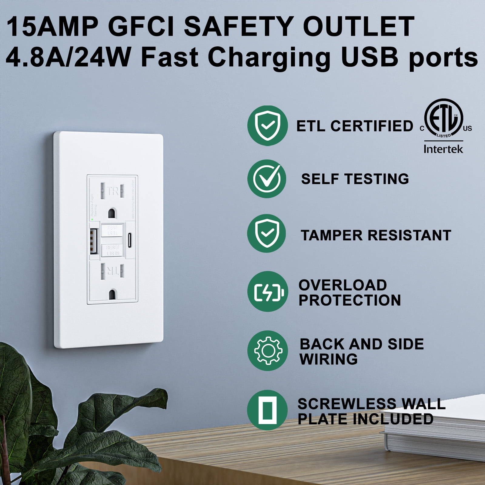 2PACK - 15AMP GFCI Outlet with USB-A & USB- C Ports, Self-Test GFCI Electrical Outlet Combination with USB, LED Indicator, Tamper Resistant, Screwless Wall Plate Include, ETL Listed, White