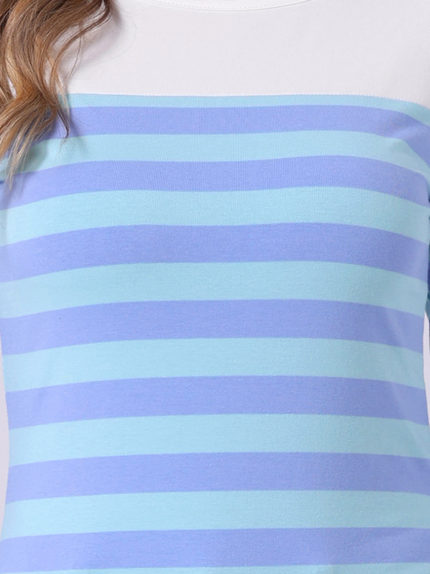 DARING DIVA Women's Color Block Striped Knit Top Long Sleeves T-Shirt L Dark Light Blue
