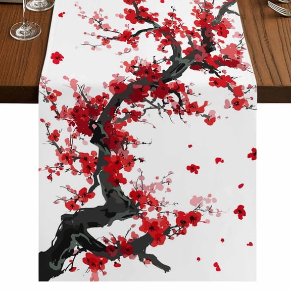 Table Runners 70 Inches Long Dress Scarves, Red Flowers Farmhouse Coffee/Dining/Kitchen Table Decor, Holiday Table Runner, Chinese Plum Traditional Ink Painting 13x70 Inch