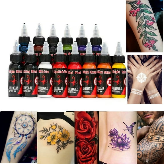 14 Bottles Professional Permanent Makeup Black Tattoo Inks Kit 1OZ Tattoo Ink Set 30ML Colors Tatoo Inks Pigment Body Art Tattoo Supplies