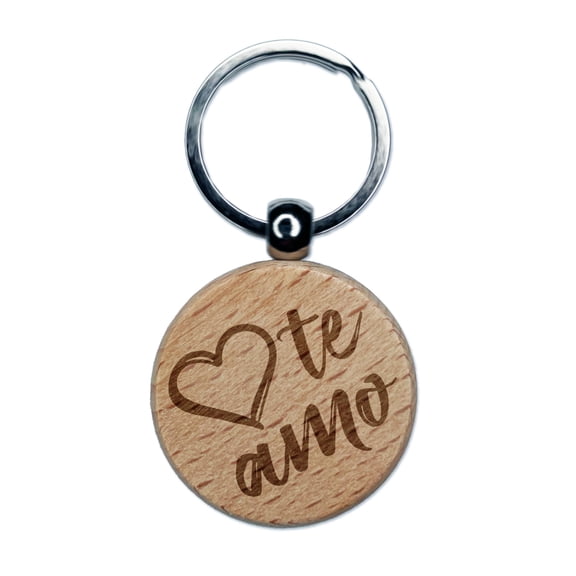 I Love You in Spanish Te Amo Heart Round Keychain Charm Tag - Engraved Wood