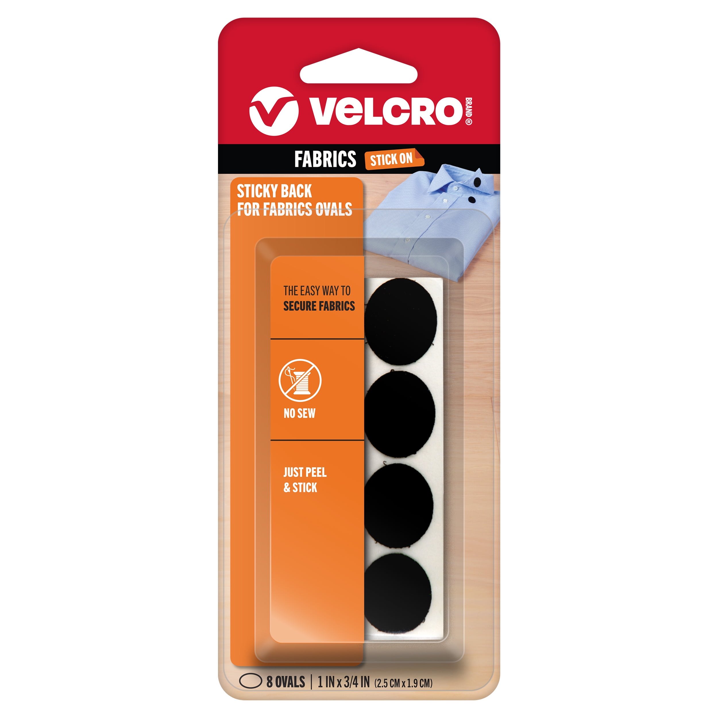 (2 pack) VELCRO Brand Sticky Back Hook & Loop Fasteners | Permanent Fabric Tape for Alterations and Hemming | Peel and Stick - No Sewing, Gluing, or Ironing | Pre-Cut Ovals, 1 x 3/4 inch, Black - 8 Sets