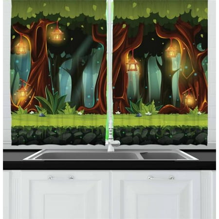Fairy Tale Curtains 2 Panels Set Enchanted Forest With Blossoming Trees Mystical Background Cartoon Landscape Window Drapes For Living Room Bedroom